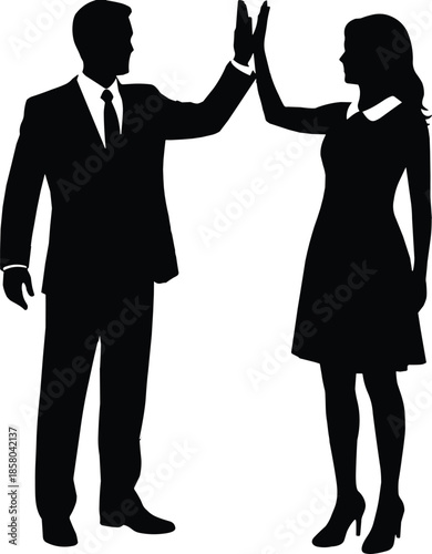 Silhouette of man and woman giving high five, teamwork celebration, success gesture, vector illustration for business, partnership, motivation, and collaboration themes