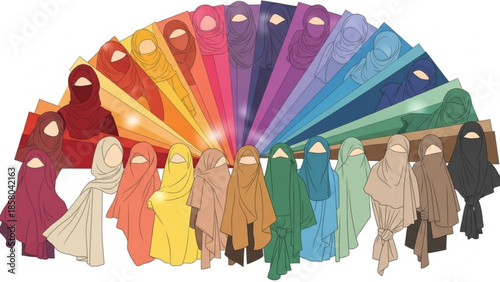 Collection of colorful hijabs and niqabs diverse fashion styles for Muslim women representing variety and choice