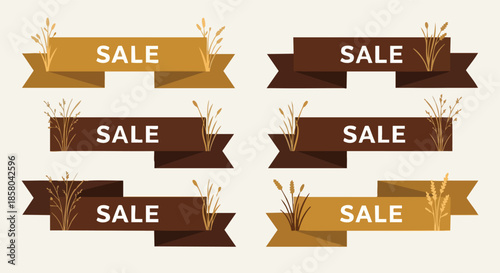 Collection of sale banners featuring autumnal wheat stalks in warm earth tones
