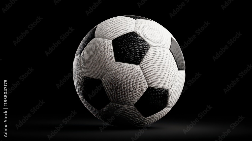 Naklejka premium A close-up studio shot shows a soccer ball with black and white panels against a dark background, highlighted by soft lighting