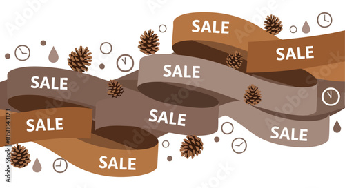 Wavy sale banners with pine cones and decorative elements on a white background for promotional graphics