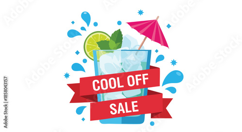 Refreshing Beverage Cooler Promotion with Tropical Accents and Sale Announcement