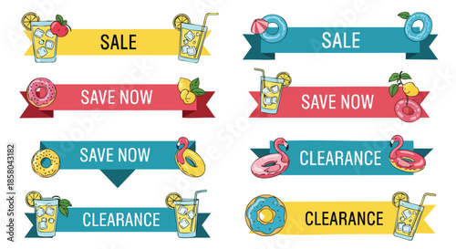 Collection of vibrant summer sale banners featuring refreshing drinks and pool floats vector illustrations for marketing promotions