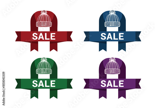 Colorful winter hat sale banners on a white background for promotional graphic design elements to attract shoppers and promote discounts