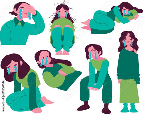 悲しい事や嬉しい事や心因性など日常の様々な要因で泣いている女性達7人のイラスト・Seven women crying in various everyday situations
