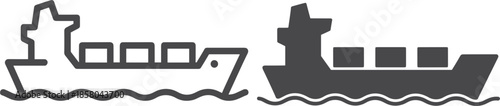 Cargo Ship Icon with Containers and Waves Outline and Silhouette container ship freight