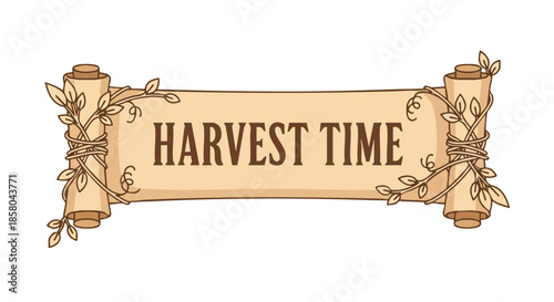 Parchment scroll banner displaying Harvest Time message adorned with autumnal vines isolated on white for seasonal event announcements