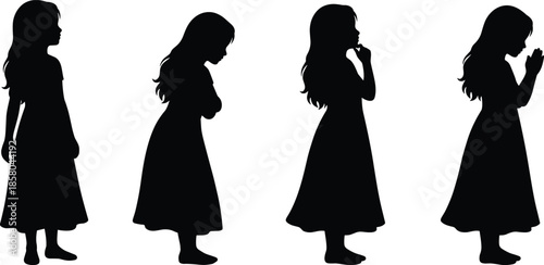 Female silhouette emotional poses thinking and praying, elegant woman profile expressions isolated on white background for spirituality concept design
