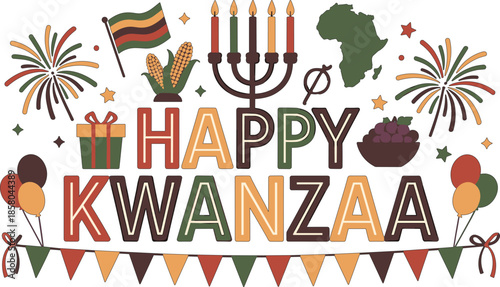Happy Kwanzaa celebration elements with African map and fireworks holiday