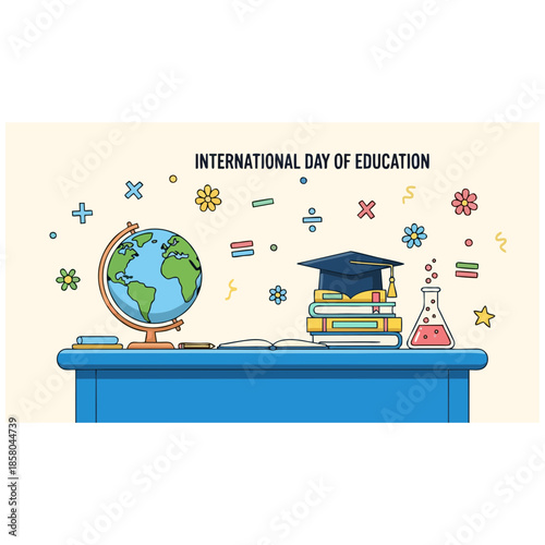 A blue desk with globe, books, and graduation cap celebrating International Day of Education