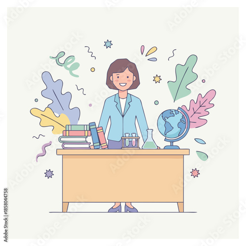 A woman stands behind a desk surrounded by books and science equipment in a creative environment