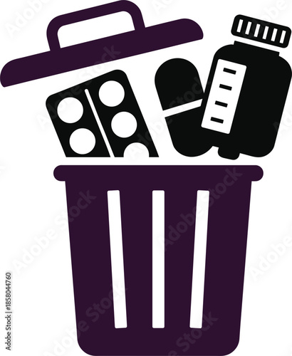 Medicine Pills And Bottle Discarded In Trash Can With Lid Open vector illustration