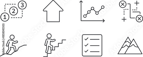 Set Of Eight Business And Success Line Icons On White Background Keywords: map, plan, steps