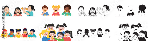 Children eating food together, happy kids group