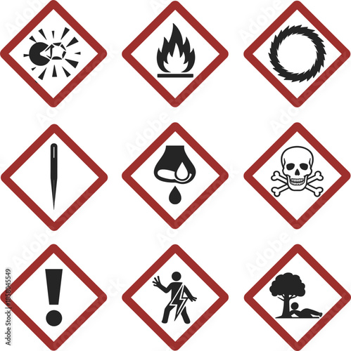 Set of nine hazard warning symbols in red diamond shapes Keywords: hazard, warning, danger