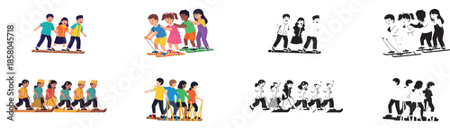 Children walking on a balance beam group activity