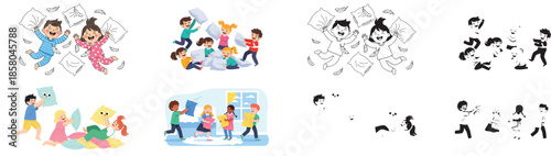 Kids playing pillow fight and snow fun activities