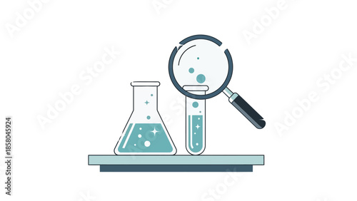 Laboratory equipment with magnifying glass and bubbling liquids.
