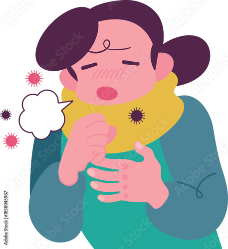 ゲホゲホとウイルスをまき散らしながら苦しそうな顔で咳をする風邪をひいている人・A person with a cold coughing with a painful look on their face, coughing and spreading the virus
