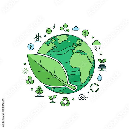 Green planet earth with leaf and eco symbols.