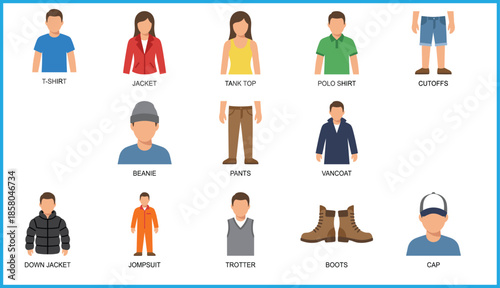 Clothing and accessory icon set featuring t-shirt, jacket, tank top, polo shirt, cutoff shorts, beanie, boots, cap, down jacket, vancoat