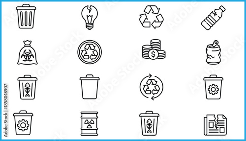 Waste and recycling icon set with trash bins, radioactive barrel, plastic bottle, newspaper, biohazard bag, coins, gear, fish skeleton, broken bulb, crushed can, vector grid for eco education
