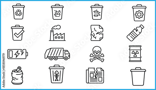 Recycling and waste category icon set with trash bins, radioactive barrel, battery, food waste, paper, plastic, metal, skull symbol, garbage truck, factory, gear, vector grid for eco awareness