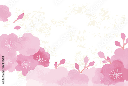 Cherry Blossom Watercolor Frame with Gold Foil. Japanese Style Spring Floral Background