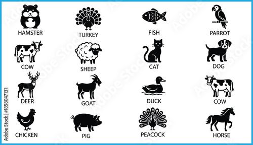Farm and domestic animal silhouette icon set featuring cow, goat, pig, dog, cat, horse, chicken, parrot, sheep, duck, turkey, peacock, vector grid for educational and classification use