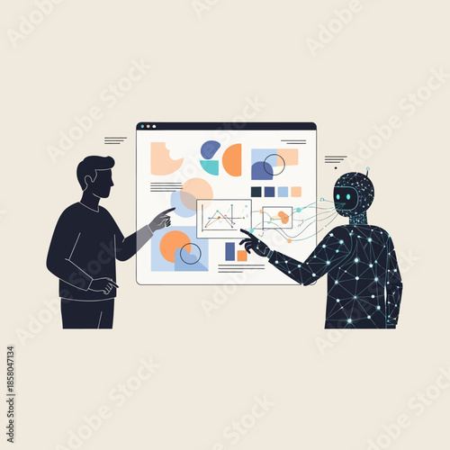 Man and Robot Collaborating on Data Analysis Presentation.