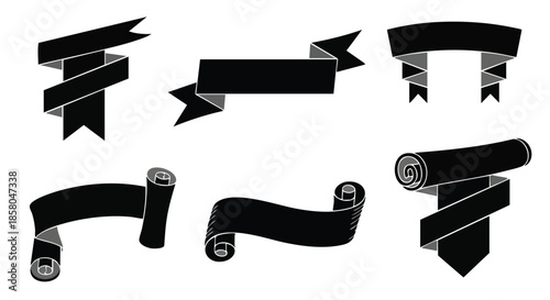Collection of diverse black ribbon banners and elegant paper scrolls on a clean white background designed for versatile graphic illustration and