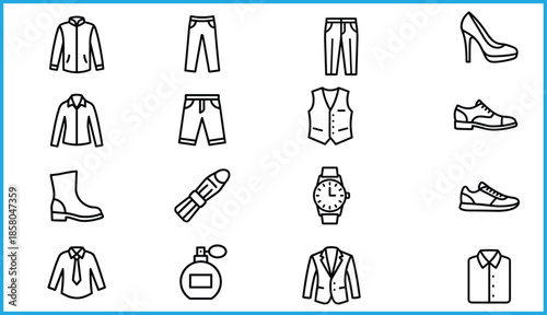 Set of 16 black line icons for clothing and fashion accessories, ideal for vector illustration content