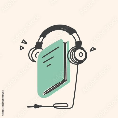 hand drawn doodle book and headset illustration vector cartoon