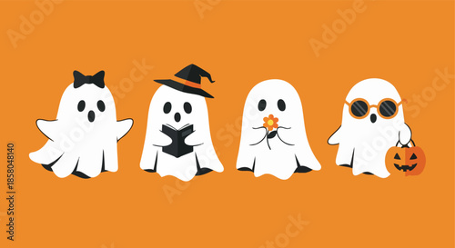 Adorable Halloween ghost characters on a vibrant orange background perfect for festive holiday designs