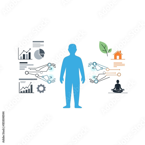 Human body silhouette surrounded by data and wellness icons.