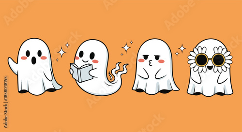 Adorable cartoon ghost characters with varied expressions on a vibrant orange backdrop for Halloween or cheerful design elements