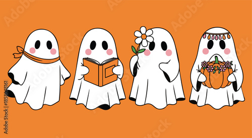 Adorable friendly ghost characters on a vibrant orange backdrop for charming seasonal celebration designs