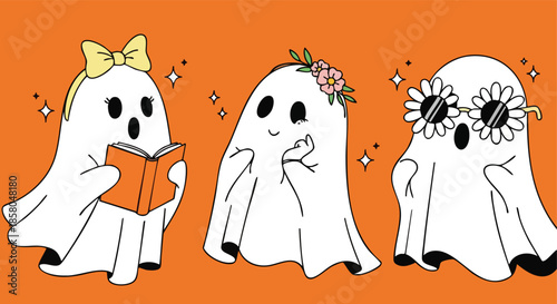 Three adorable cartoon ghosts on a bright orange background as a cheerful graphic design element for seasonal use