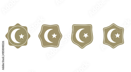 Four distinct Islamic emblem badges featuring crescent moon and star symbols in elegant frames on a pristine white background perfect for design