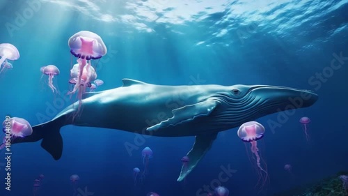 Majestic blue whale swims peacefully with glowing jellyfish in sun-dappled ocean depths