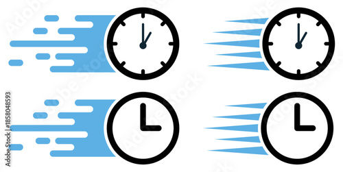 Set of clock and dash icon vector for speed and urgency. Ideal for illustrating deadlines, fast service, rush hours, and quick delivery concepts.