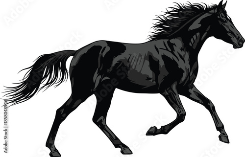 Powerful black horse running vector illustration, majestic stallion galloping with flowing mane and tail isolated on white background for equestrian sports 