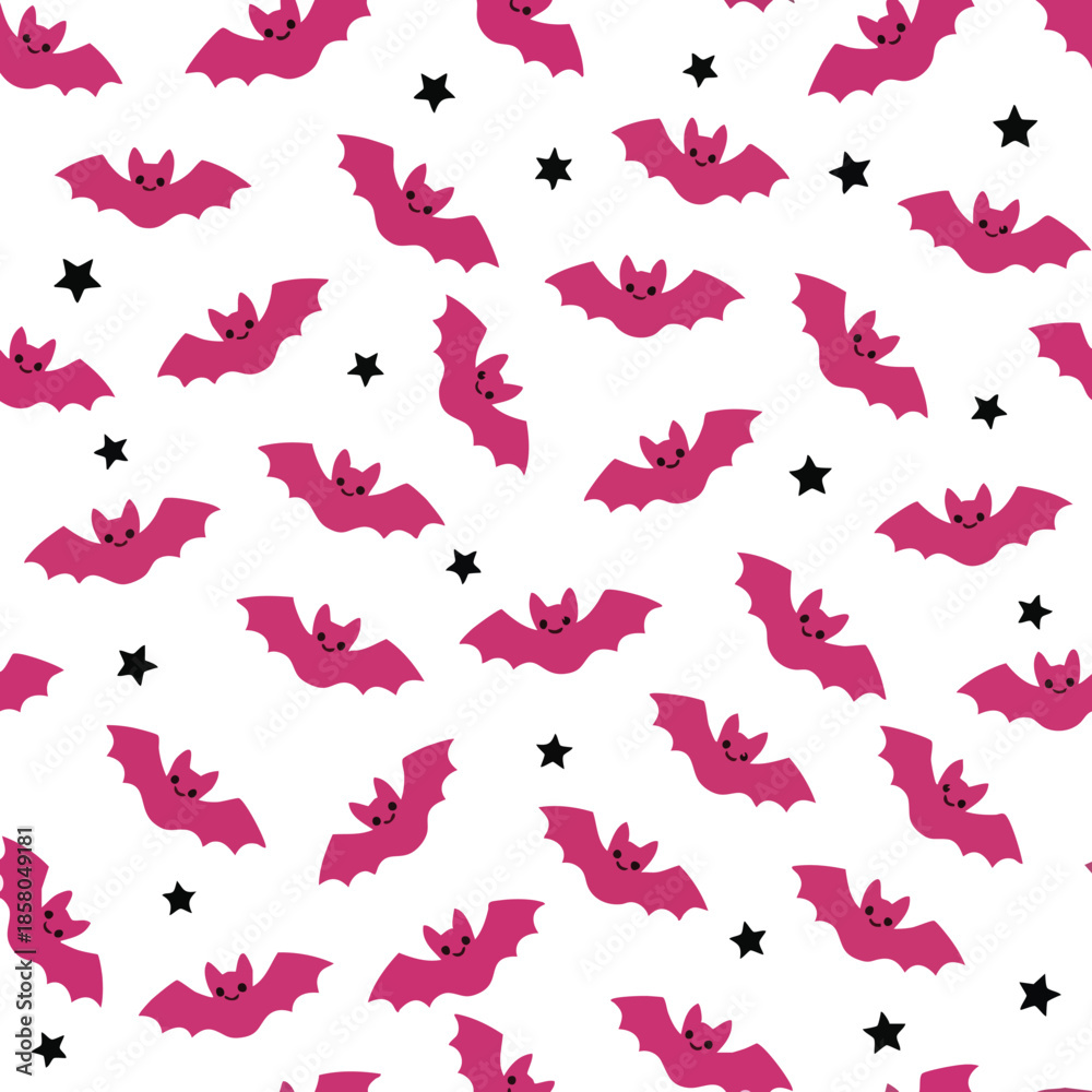 Fototapeta premium Whimsical Pink Bat Pattern with Subtle Stars on a Clean White Backdrop Ideal for Halloween Decorations and Spooky Themed Designs