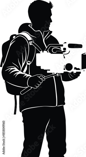 Professional cameraman silhouette vector illustration, filmmaker holding movie camera with backpack isolated on white background for media production and video journalism projects,