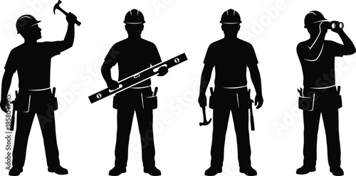 Construction workers silhouette set wearing safety helmets using tools, hammer, level, wrench, and binoculars industrial labor illustration