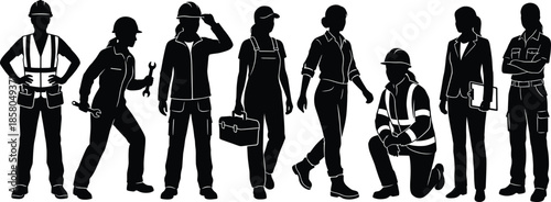 Diverse construction workers silhouette set showing engineers, technicians, builders, safety gear, teamwork, industrial labor roles, and professional workforce concept