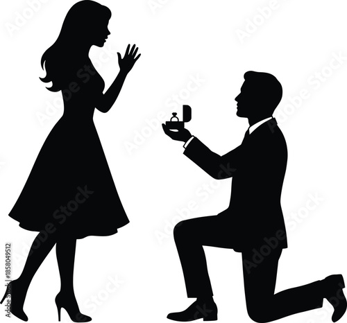Romantic marriage proposal silhouette illustration, man kneeling with engagement ring, classic love moment, couple relationship concept vector