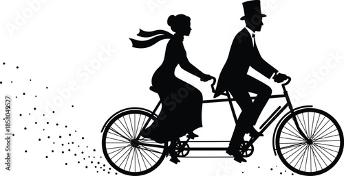 Romantic vintage couple riding tandem bicycle silhouette, classic love scene, retro transportation concept, black and white illustration vector