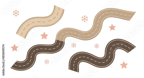 Winding pathways of light brown and dark brown roads with delicate snowflakes and blush pink stars scattered across a clean white background