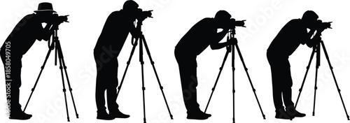 Professional photographer silhouette vector illustration set, male cameraman with tripod and camera in different poses isolated on white background for media production,